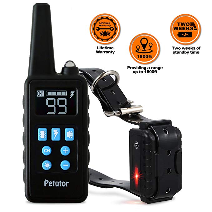Petutor Waterproof and Rechargeable Dog Training Collar 1800 ft Remote Dog Shock Collar with Beep/Vibrating/Shock Electric E-collar for Small Medium Large Dogs 6.6lbs-120lbs