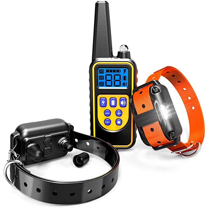Dog Training Collar, F-color Rechargeable Waterproof Dog Shock Collar Long Remote with Beep, Vibrating , Shock, LED Light for Medium Large Dogs